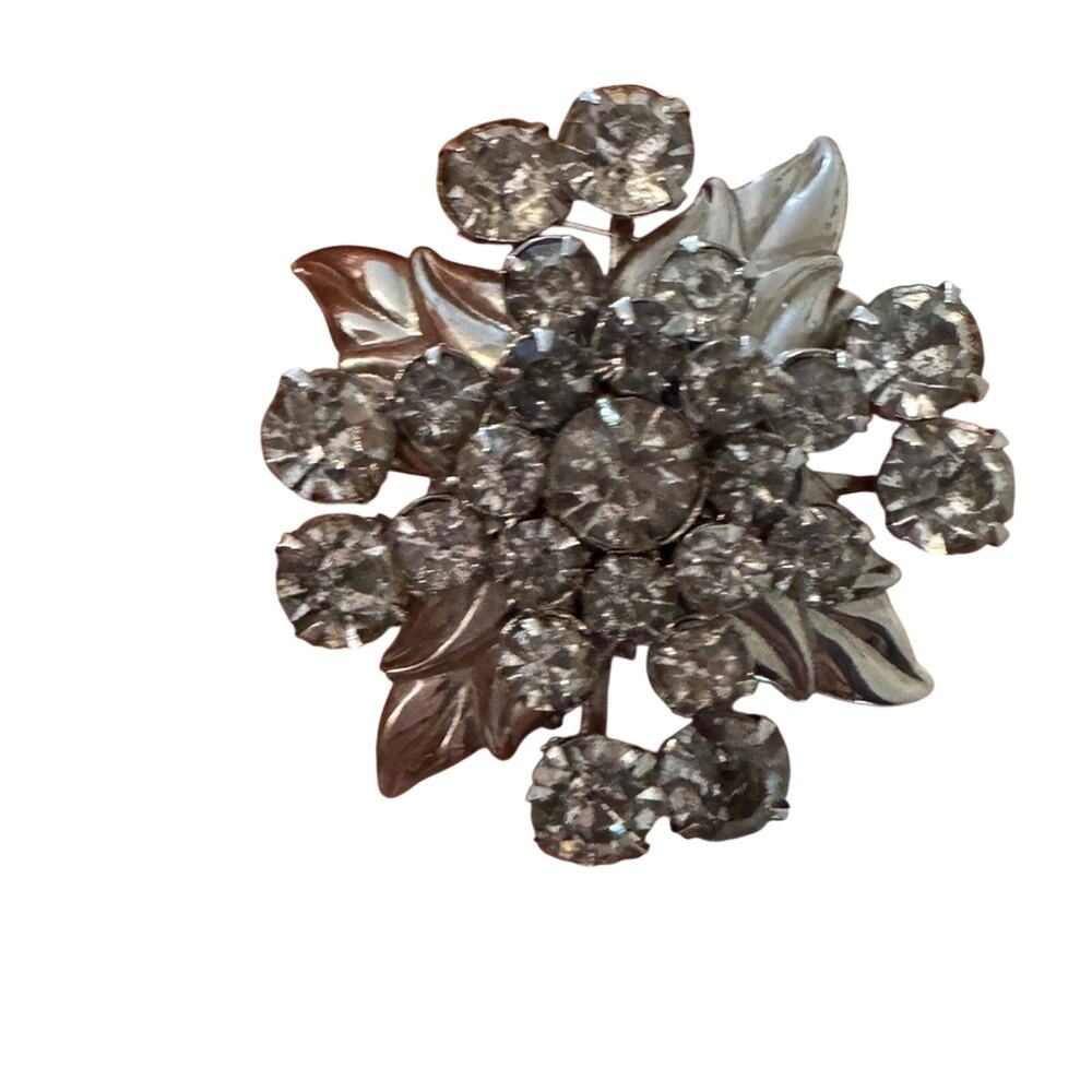 Vintage Silver Tone Rhinestone Brooch Estate Jewelry Leaf